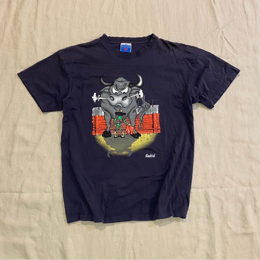 Vintage late 90’s Madrid Bullfighter Funny Graphic black T-Shirt Safon